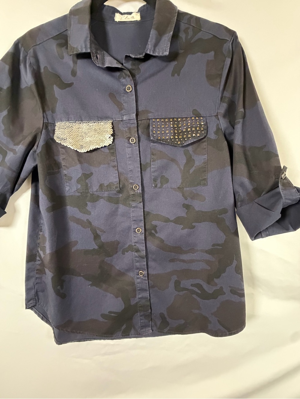 Clan Navy Camo Embellished Button Down Shirt Sequin Stud Pockets S